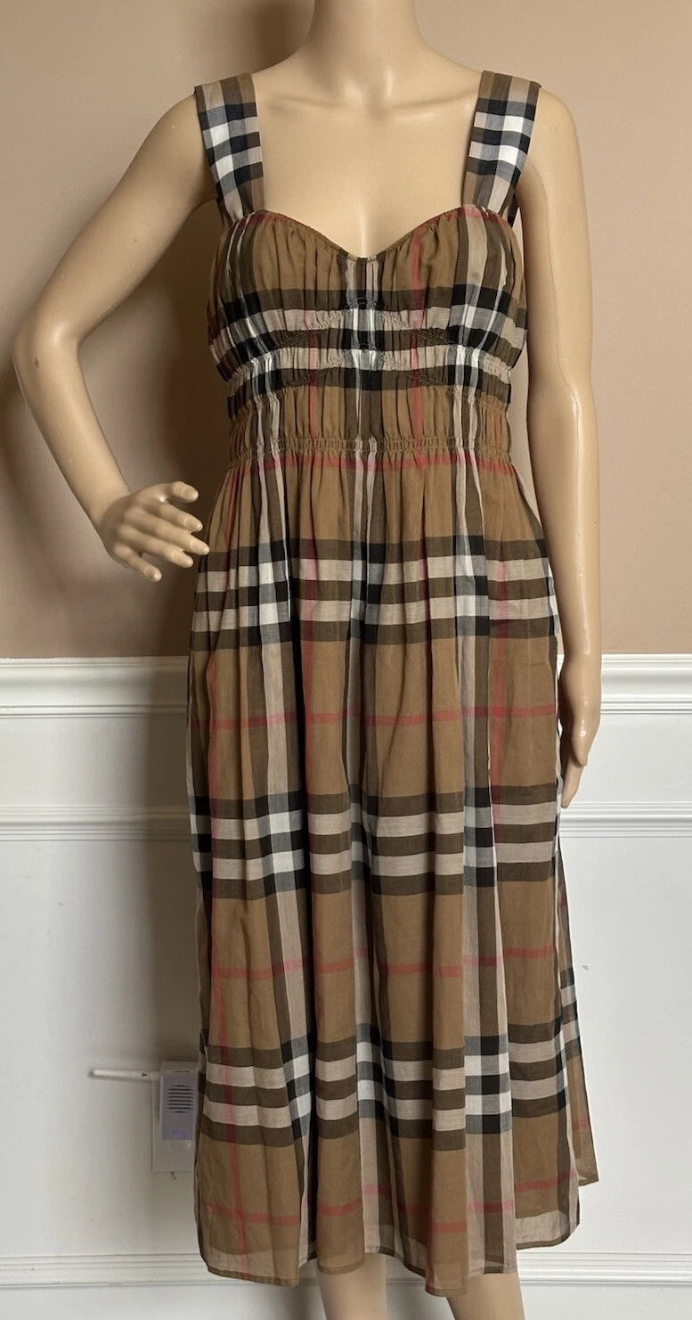 Abito donna Burberry Delilah marrone toupe a quadri 6 US (40 euro) 8084313 nuovo con etichette $820