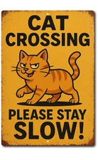 Funny Cat Crossing Tin Sign Vintage Metal Warning Sign for Yard Garage Wall Deco