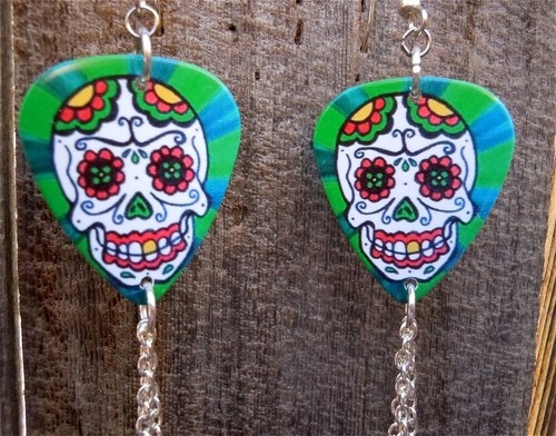 Sugar Skull on a Green Background Guitar Pick Earrings with Swarovski Crystals - Picture 2 of 5
