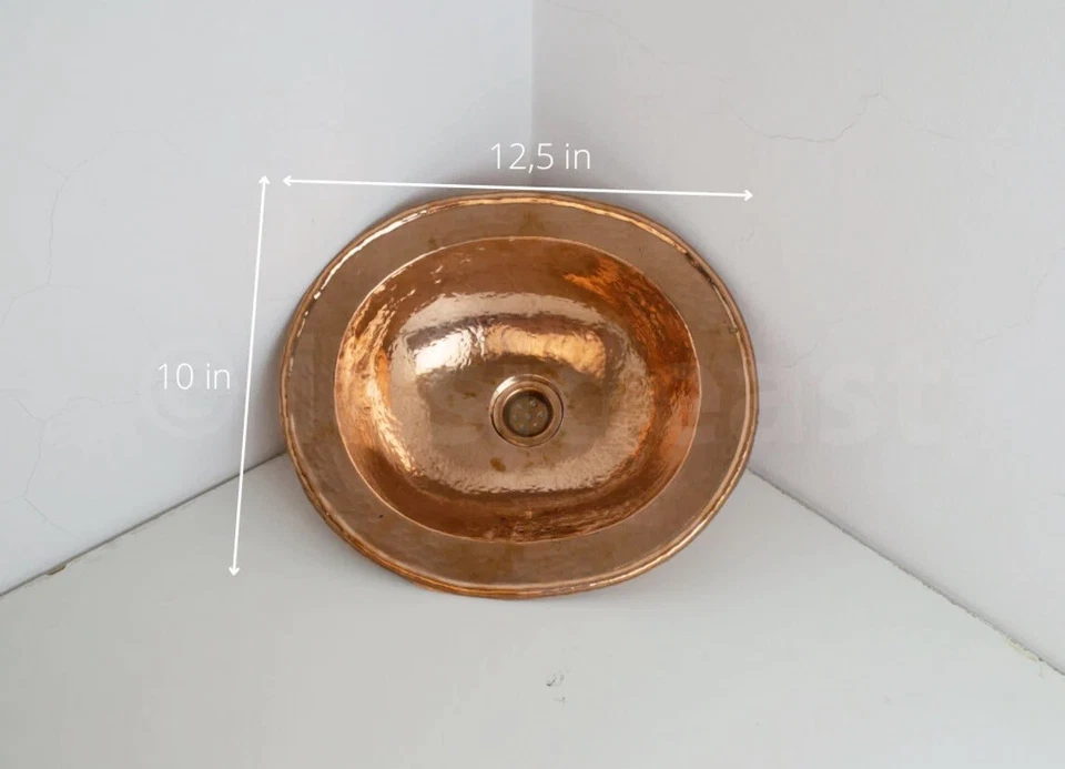 Fregadero de cobre macizo ovalado martillado artesanal, fregadero de cocina de cobre (12,5”x10”) Foto 3 de 4