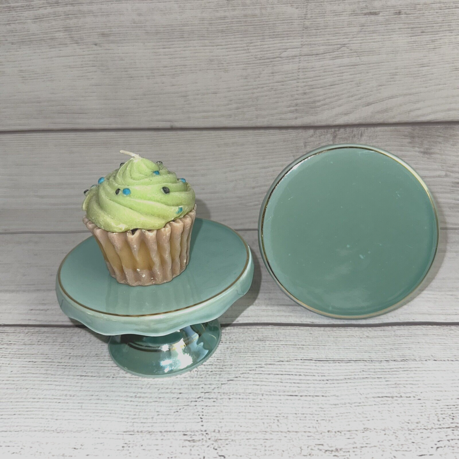 Grace's Teaware Mini Pedestal Cupcake Cake Stands Iridescent Teal Gold Set of 2