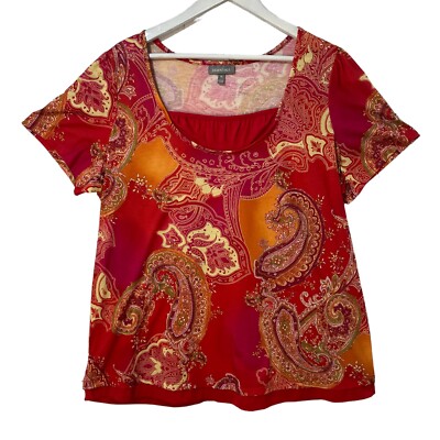 Essentials Women s Short Sleeve Red/Orange Paisley Design Blouse Size XXL