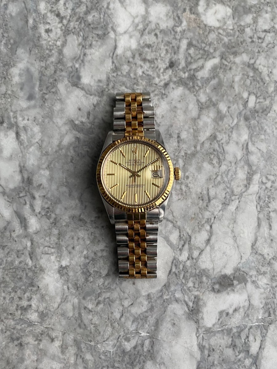 Vintage Rolex Datejust 16013 1980s Champagne Tapestry Dial 18K