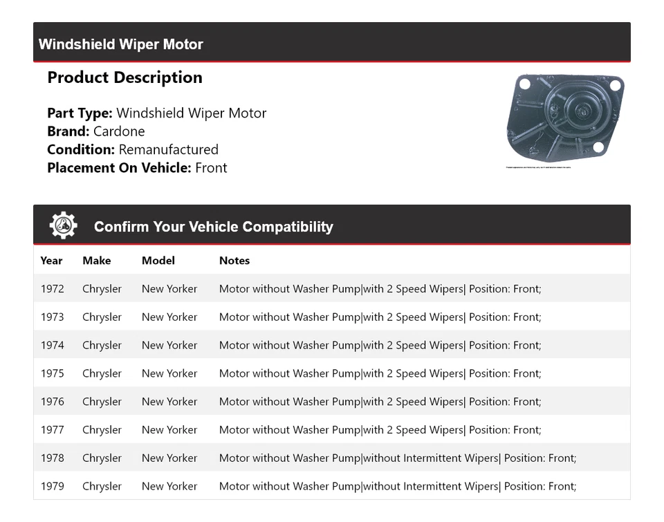 Para Chrysler New Yorker 1972-1979 Limpiaparabrisas Motor Delantero Cardone 1973 1974 Foto 2 de 4