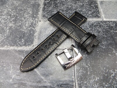 22mm Leather Strap Black Watch Band with OEM MONTBLANC Buckle Set White Stitch M