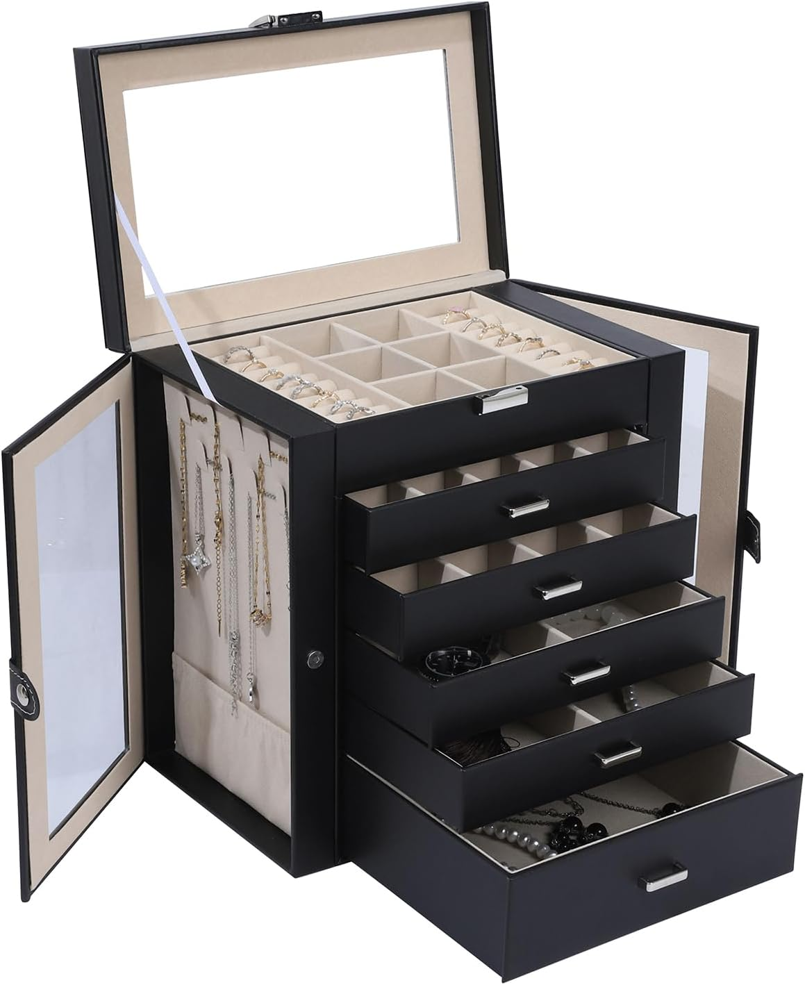 Jewelry Box for Women, 6 Layer Lockable Large Jewelry Holder Organizer with 5 Dr-image