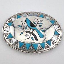 Vtg Zuni Sterling Silver Flush Multi Gemstone Blue Jay Bird Belt Buckle 3 5/8"