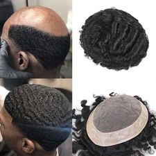 Afro Toupee for Black Men Human Hair Fine Mono PU Curly African Wig Hair System