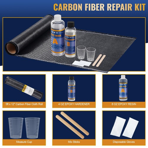 5FT Carbon Fiber Repair Kit, 12" Carbon Fiber Cloth Roll, 8OZ Epoxy Resin 4OZ... - Picture 2 of 6