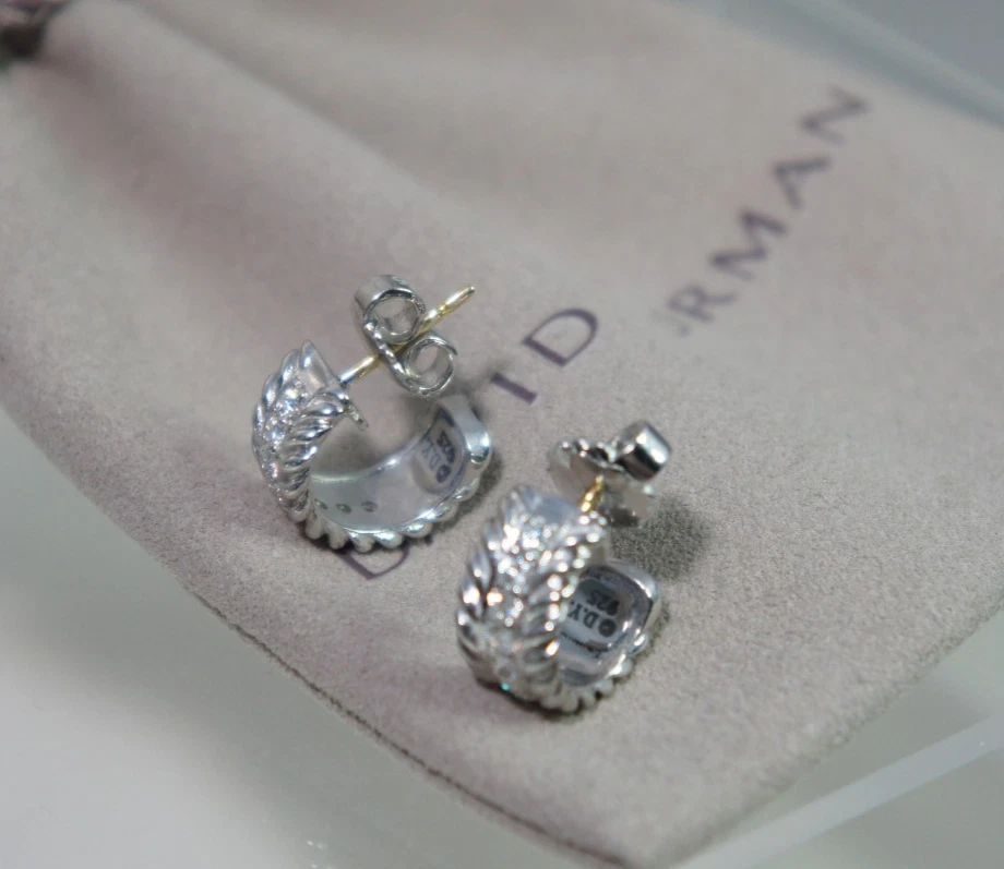 David Yurman Pave Diamond  Huggie Hoop Cable 925 Sterling 585 Earrings DY Pouch - Image 2 of 4