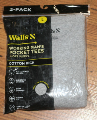 NIP Walls Working Man's Pocket Tees S/S Cotton Rich - Large - 2 Pack - Grey