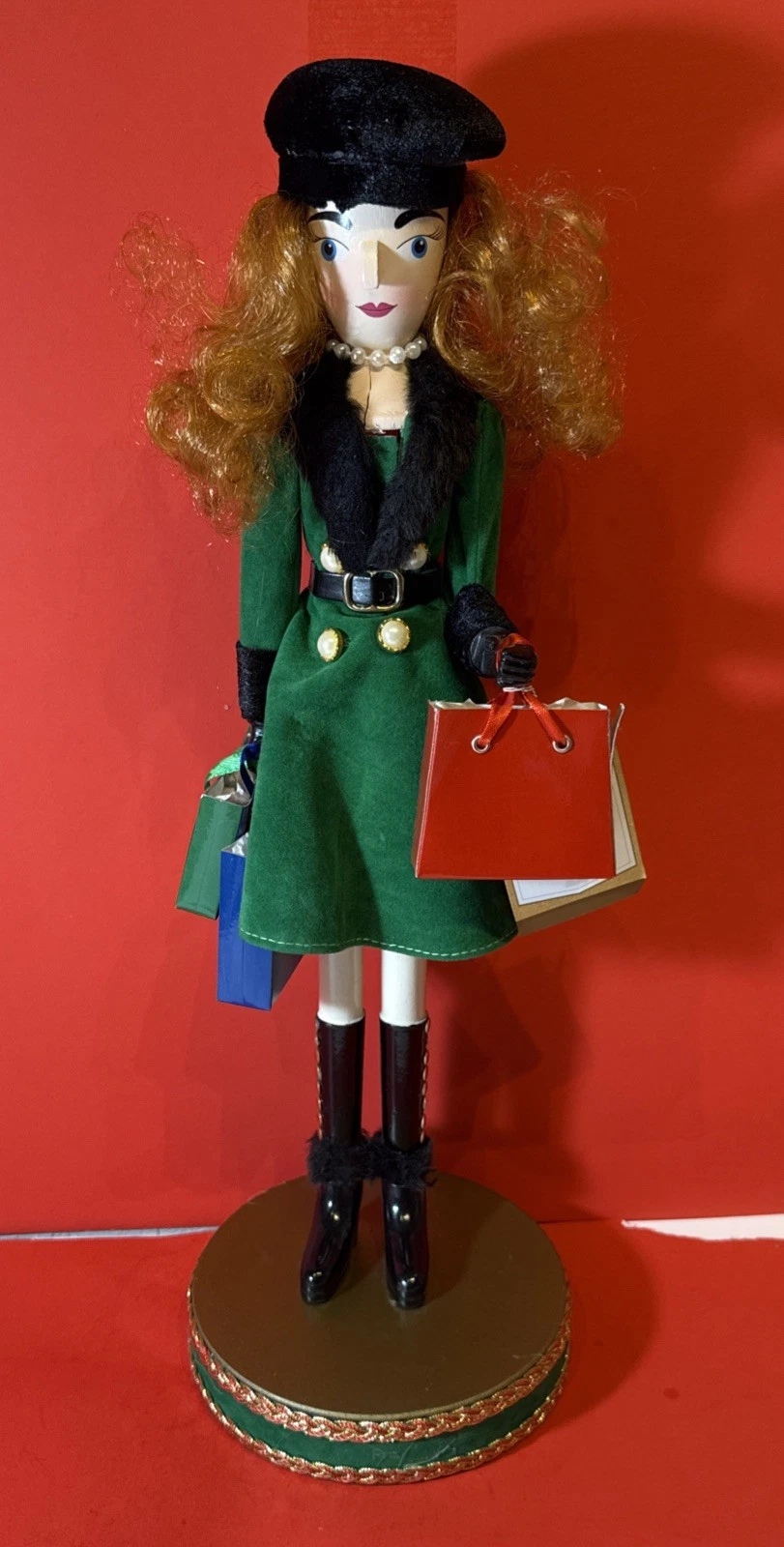 Pier 1 Nutcracker Collectible 2015 Redhead Green Coat Fashion Shopper 18" Fun!
