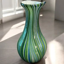 Dynasty Gallery Sparkle Art Glass Vase Peacock Bud Vase 7" Tall Green Blue White
