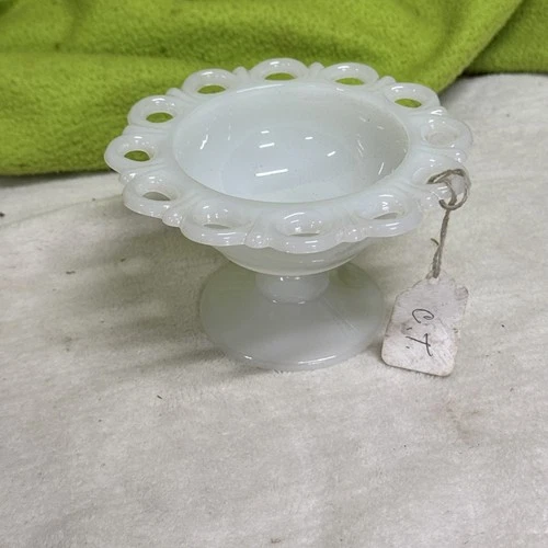 Anchor Hocking Old Colony Milk Glass Compote 3.5" Vintage Open Lace Edge