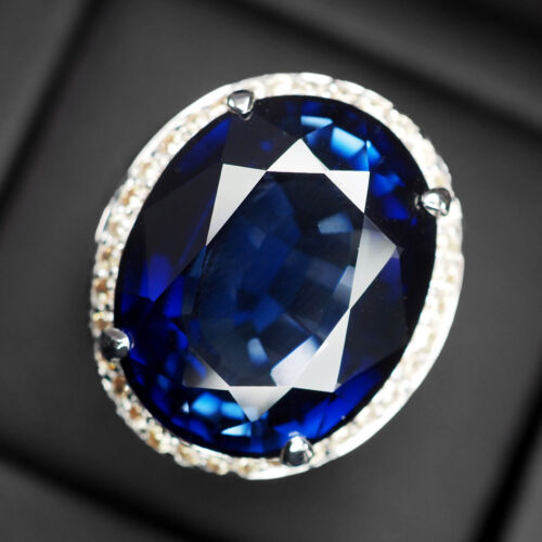 Elegant Blue Tanzanite Rare 25.60Ct 925 Sterling Silver Handmade Halo Rings - Picture 2 of 9