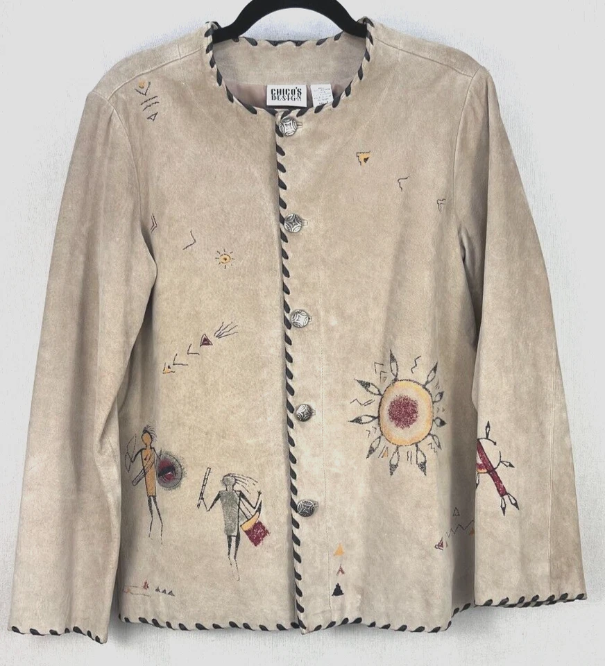 CHICOS Design Southwestern Leather Jacket Womens XL Brown Button Native American - Image 2 of 4