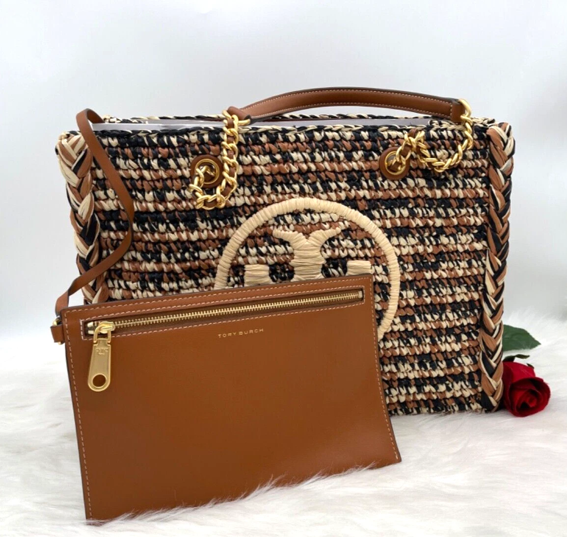 Auth Nwt $598 Tory Burch Ella Raffia Chain Small Tote Shopper In Classic  Cuoio | Ebay