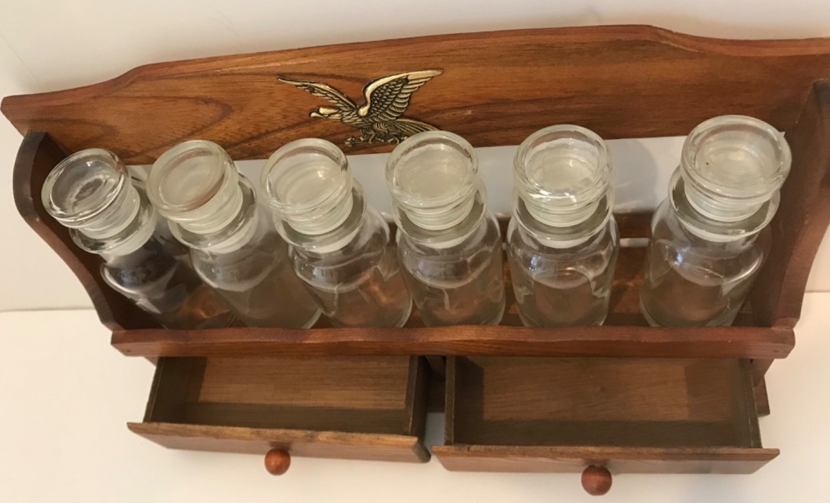 M6 マザーオブパール ヴィンテージ 調味入れ Vintage Made In Japan Wooden Spice Rack 6 Clear Bottles Labels