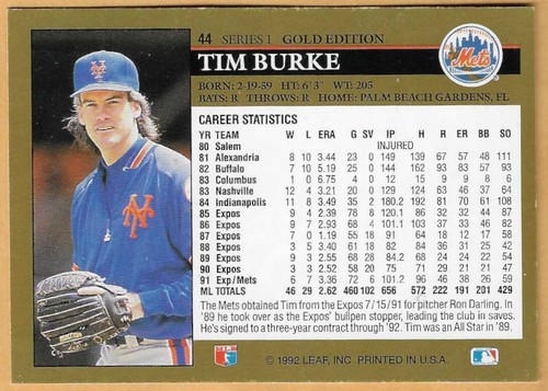 TIM BURKE NEW YORK METS #44 - HOJA NEGRA EDICIÓN DORADA CASI NUEVO- COMO NUEVO 1992 - Imagen 2 de 2