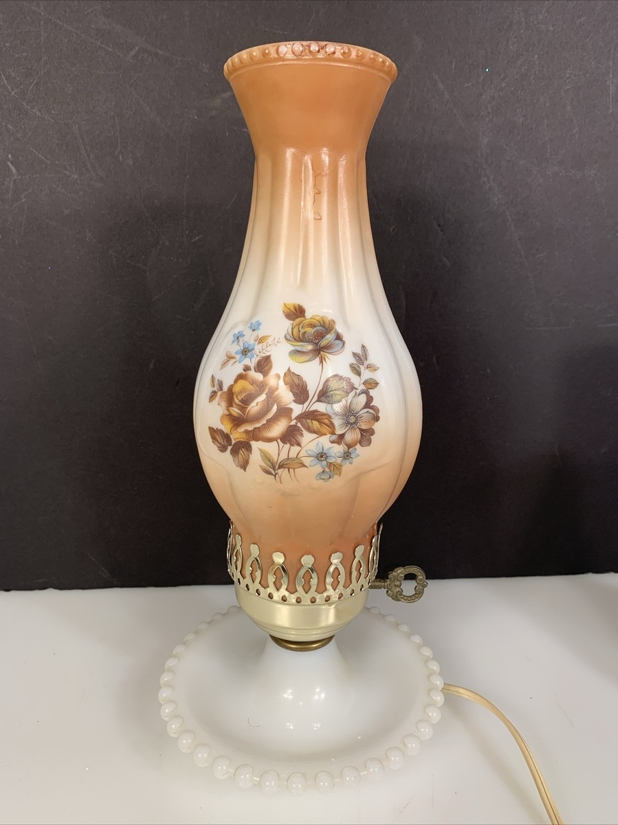 Milk Glass Beaded Vintage Tall Chimney Style Brown Floral