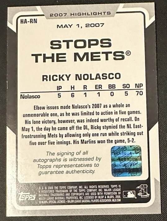 Карта с автографом Рики Ноласко из Florida Marlins 2008 Topps #HA-RN Highlights - Изображение 2 из 2
