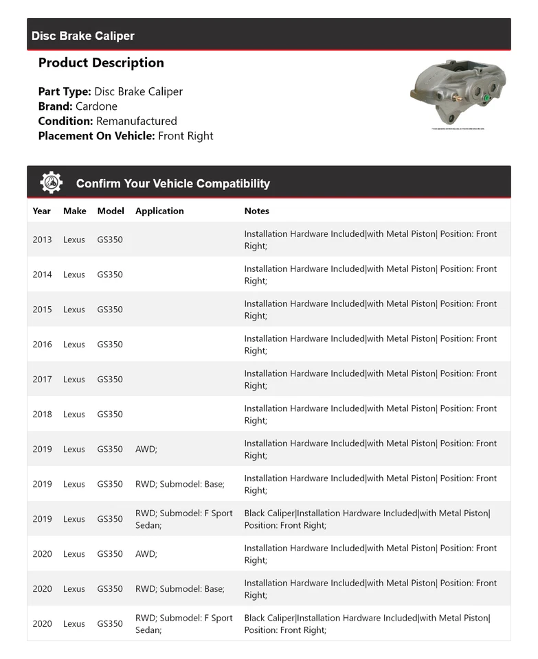 Pinza de freno de disco delantera derecha Cardone 2014 2015 2016 para Lexus GS350 2013-2020 Foto 2 de 4