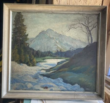 V. Stendal Signed Spring Alps Oil Painting River Bank Frame Old Art Nouveau