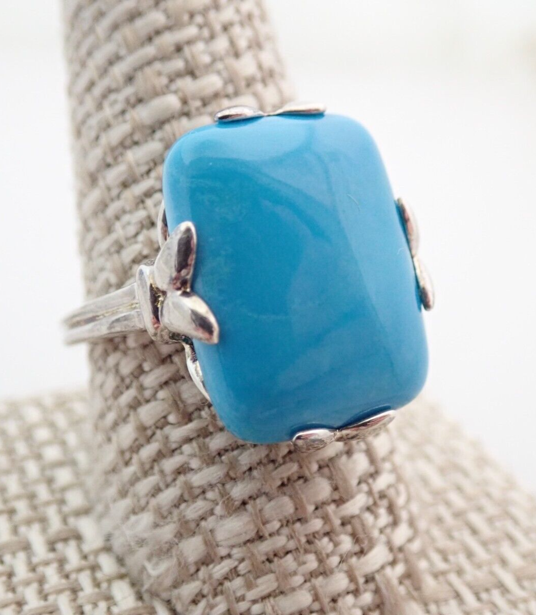 Designer Large Rectangle Turquoise Sterling Silver Estate Ring Sz