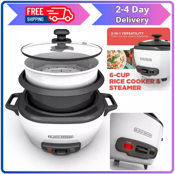 BLACK+DECKER 6-Cup Rice Cooker with Steaming Basket, White, RC506