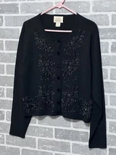 Field Manor Women’s Large Black Lambs Wool Acrylic Beaded Cardigan