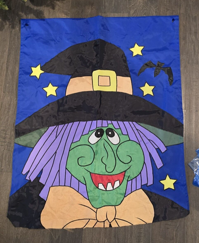 Vintage Outdoor Green Wicked WITCH Halloween Flag Double Sided Yard 27x34 *READ* - Bild 1 von 14