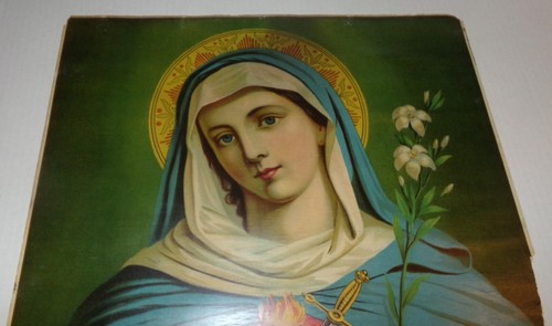 Antique Holy Heart of Mary Le-Tres Saint Coeur Lithograph 16x20 Print #2021 - Picture 2 of 9