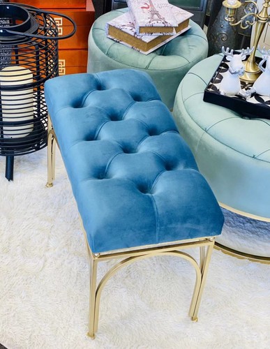 Handmade Tufted Velvet stool/ soft bench with Metal Gold Legs sea blue - Picture 6 of 19