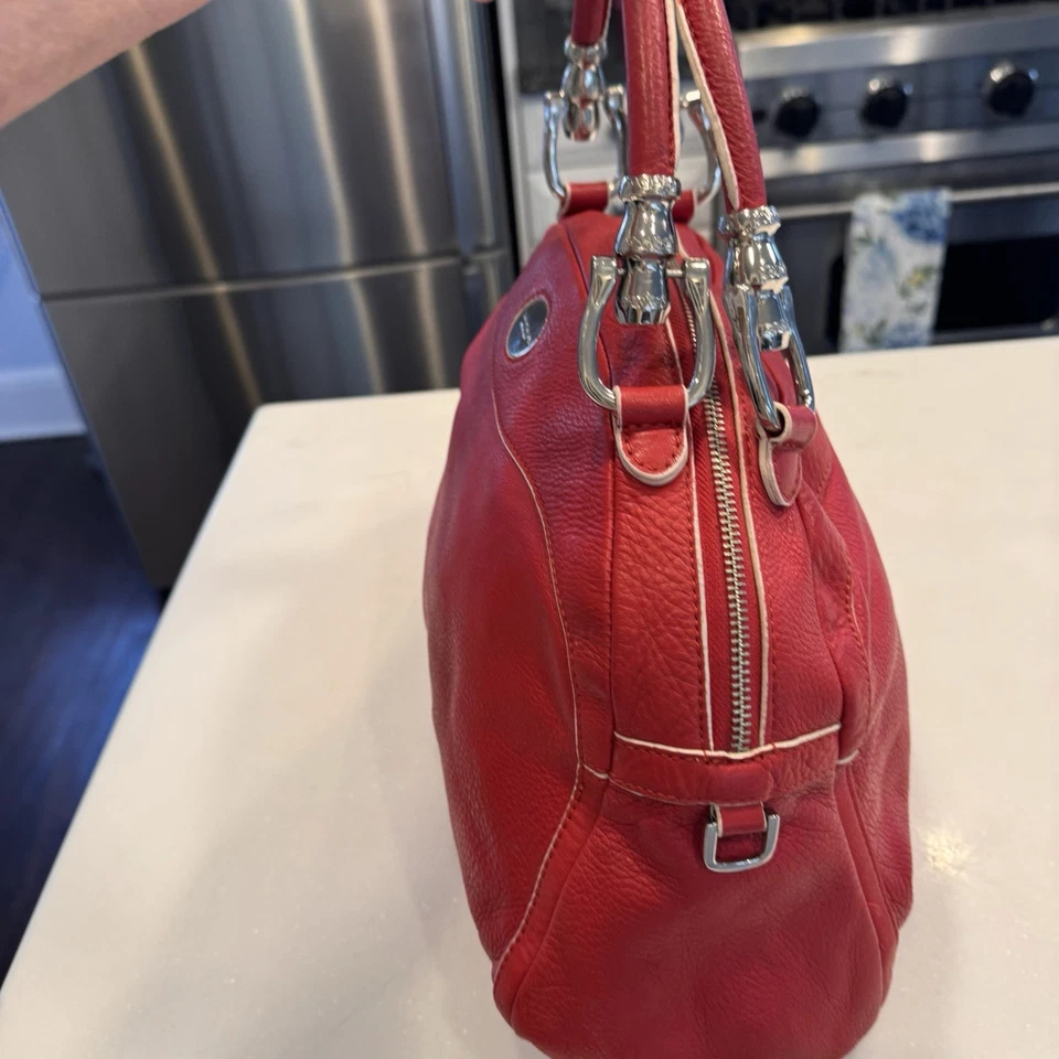 Tosca Blu Red Leather 2 Handle Satchel With Bold Chrome Accents white piping  - Image 3 of 4