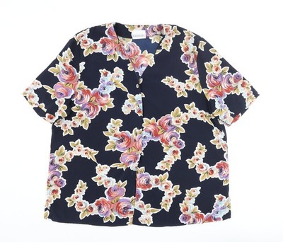 Carousel Damen blau Blumen Polyester Basic Knopfleiste Größe 20 V-Ausschnitt