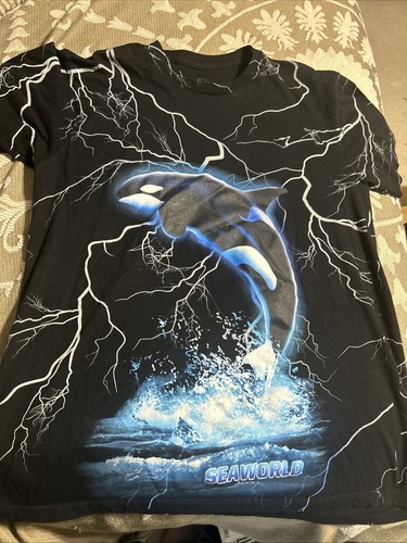 Sea World Shirt Mens Large Black White Shamu Killer Whale Lightning Double Sided
