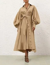 Zimmermann 2026 vacation ready to wear khaki lantern sleeve wrapped long skirt