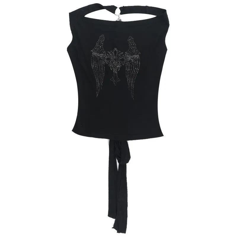 Y2K Gothic Rhinestone Angel Wing Tank Top – Emo Punk Backless Tie