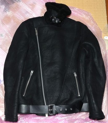 ALLSAINTS Byward Shearling Biker Jacke XL Schwarz Lammfell Leder Reiter Japan