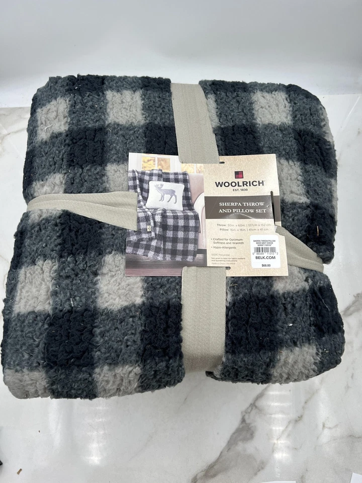 Juego de manta y almohada Woolrich Sherpa 50x60 16x16 gris búfalo ciervo a cuadros Foto 2 de 4