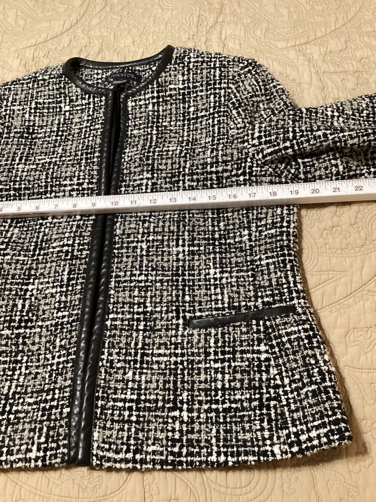 CHANEL Giacca blazer Talbots donna 8 maglia testurizzata nero bianco bordo pelle quadri