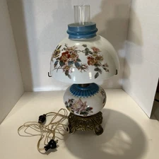 Hurricane Lamp Hand Painted Glass Shade And Base Electrified Beautiful 21” Tall