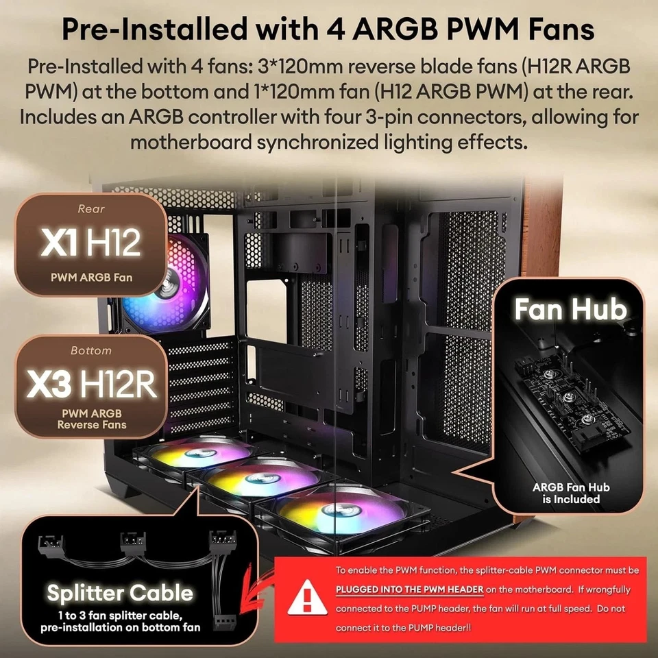 Custodia PC in legno di noce originale, preinstallata 4 ventole ARGB e PWM da 120 mm, Type-C Por - Immagine 3 di 4