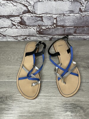 Bata Silver Blue Black Leather Strappy Flat Toe Post Sandals Women 37EU/6.5M US