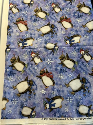 BonEful FABRIC FQ Cotton Quilt Blue White Ice Glitter Snowflake Penguin Xmas 2 Y