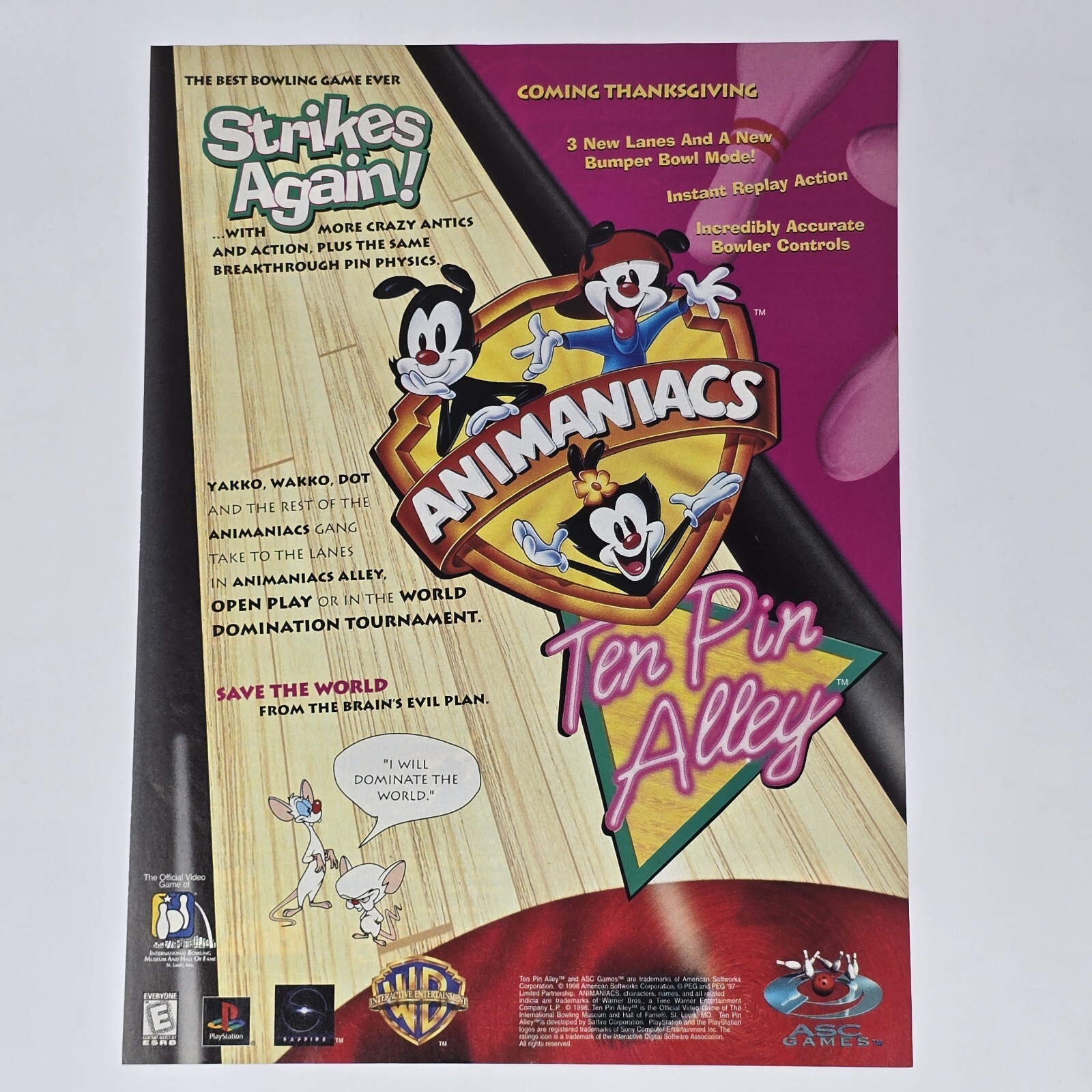 Animaniacs Ten Pin Alley PS1 Strikes Again Print Ad/Poster Official Promo Art