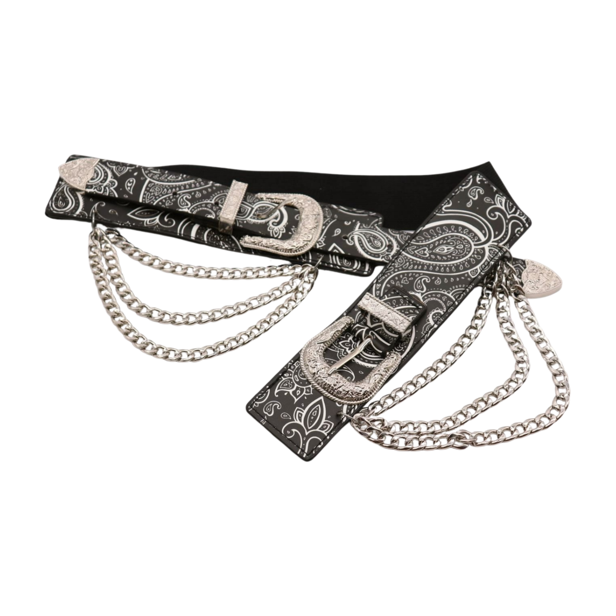 Women Black Elastic Belt Paisley Double Silver Metal Buckle  display picture 3