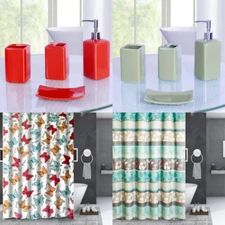 1P SHOWER CURTAIN WITH COVERED RINGS HOOKS OR 4PC BATH CEDRAMIC ACCESORIES