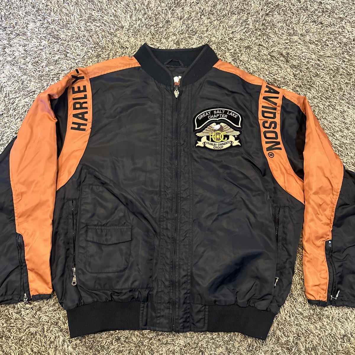Harley Davidson Mens Sz L Black Orange Bar Shield Nylon Zip Jacket