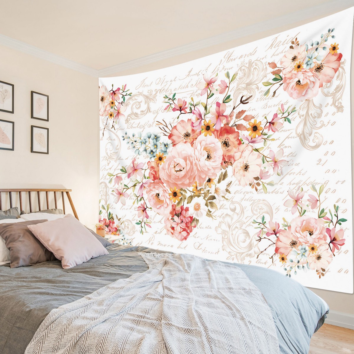 Rustic Watercolor Blue and Pink Floral Tapestry Wall Hanging Bedroom Dorm  Decor